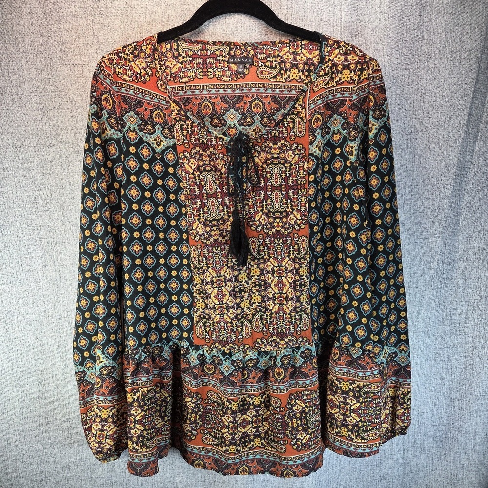 Hannah Womens Medium Orange Geometric Boho Tassel Peasant Top Blouse Hippie